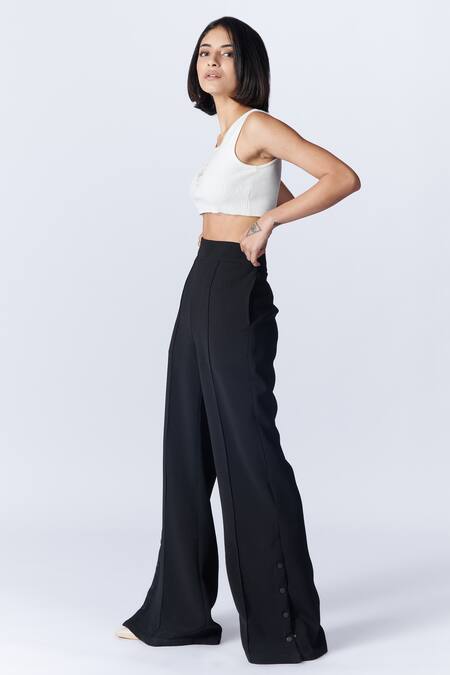 Buy S&N By Shantnu Nikhil Black Crepe Solid Flared Trouser Online at Aza Fashions Buy_S&N By Shantnu Nikhil_Black Crepe Solid Flared Trouser_Online_at_Aza_Fashions
