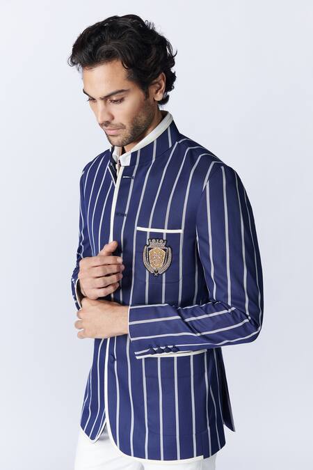 Buy_S&N By Shantnu Nikhil_Blue Embroidery Stripe Pattern Bandhgala_Online_at_Aza_Fashions