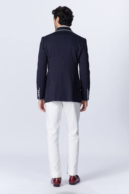 Shop S&N By Shantnu Nikhil Blue Embroidery Stripe Pattern Jacket at Aza Fashions Shop_S&N By Shantnu Nikhil_Blue Embroidery Stripe Pattern Jacket_at_Aza_Fashions
