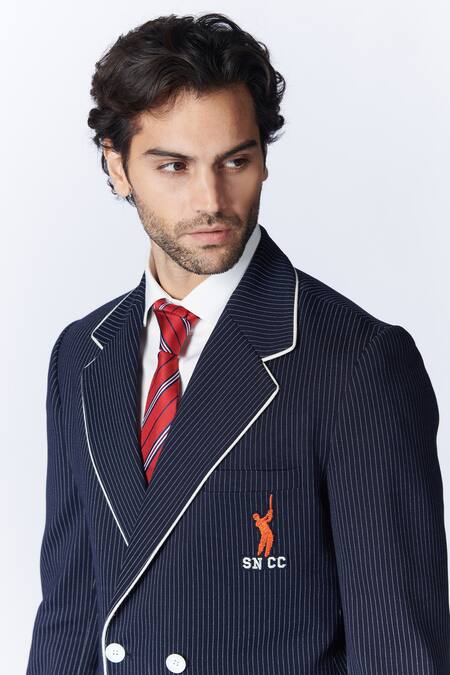 Buy S&N By Shantnu Nikhil Blue Embroidery Stripe Pattern Jacket Online at Aza Fashions Buy_S&N By Shantnu Nikhil_Blue Embroidery Stripe Pattern Jacket_Online_at_Aza_Fashions