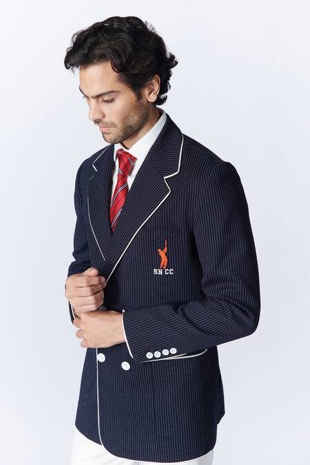 Shop S&N By Shantnu Nikhil Blue Embroidery Stripe Pattern Jacket Online at Aza Fashions Shop_S&N By Shantnu Nikhil_Blue Embroidery Stripe Pattern Jacket_Online_at_Aza_Fashions