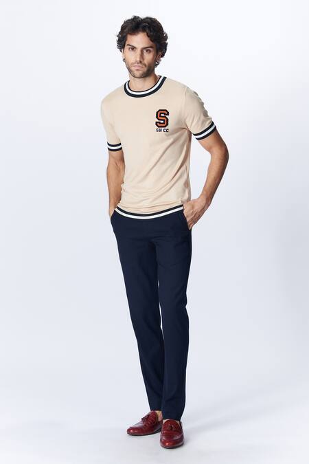 S&N By Shantnu Nikhil Beige Nylon Patchwork Logo Knit T Shirt