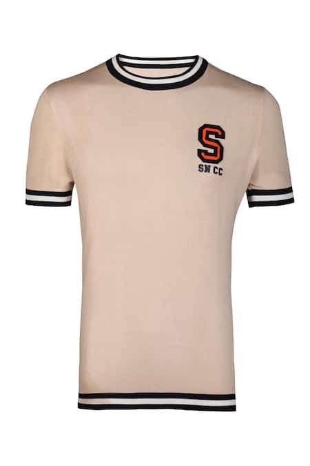 S&N By Shantnu Nikhil_Beige Nylon Patchwork Logo Knit T Shirt_Online_at_Aza_Fashions