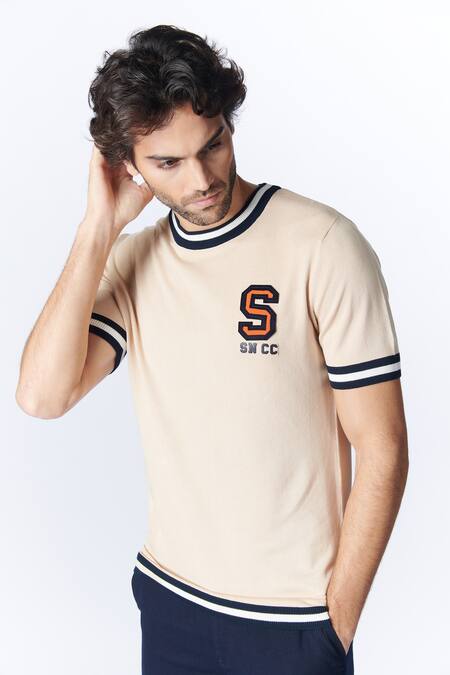 Buy_S&N By Shantnu Nikhil_Beige Nylon Patchwork Logo Knit T Shirt_Online_at_Aza_Fashions