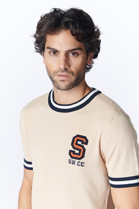 Shop_S&N By Shantnu Nikhil_Beige Nylon Patchwork Logo Knit T Shirt_Online_at_Aza_Fashions