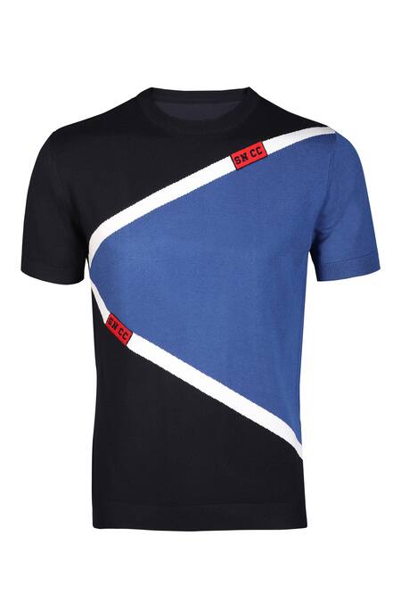 S&N By Shantnu Nikhil_Blue Nylon Embroidery Colorblock Knit T Shirt_Online_at_Aza_Fashions
