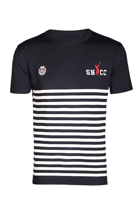 S&N By Shantnu Nikhil_Blue Cotton Embroidery Stripe Pattern Polo T Shirt_Online_at_Aza_Fashions