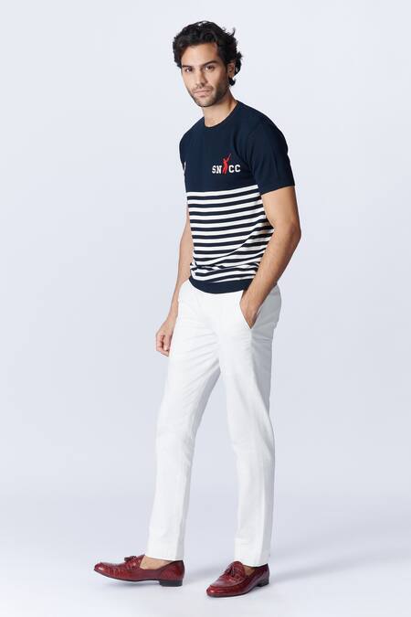 Buy_S&N By Shantnu Nikhil_Blue Cotton Embroidery Stripe Pattern Polo T Shirt_Online_at_Aza_Fashions