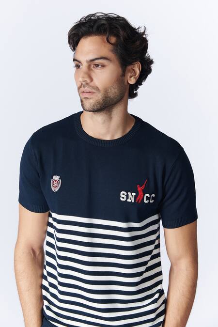 Shop_S&N By Shantnu Nikhil_Blue Cotton Embroidery Stripe Pattern Polo T Shirt_Online_at_Aza_Fashions