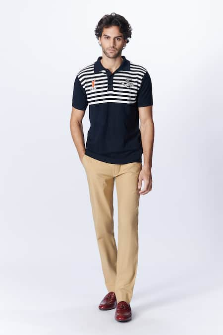 S&N by Shantnu Nikhil Blue Recycled Nylon Embroidery Crest Stripe Pattern Knit T Shirt 