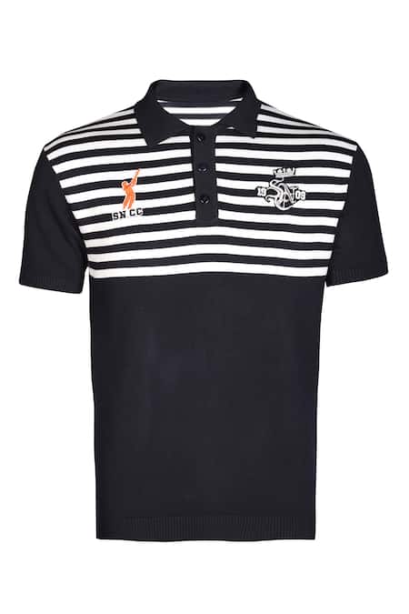 S&N By Shantnu Nikhil_Blue Nylon Embroidery Stripe Pattern Knit T Shirt_Online_at_Aza_Fashions