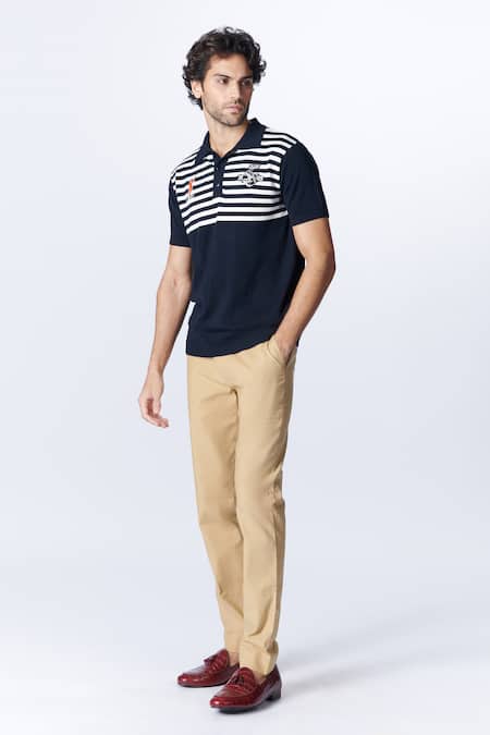 Buy_S&N By Shantnu Nikhil_Blue Nylon Embroidery Stripe Pattern Knit T Shirt_Online_at_Aza_Fashions