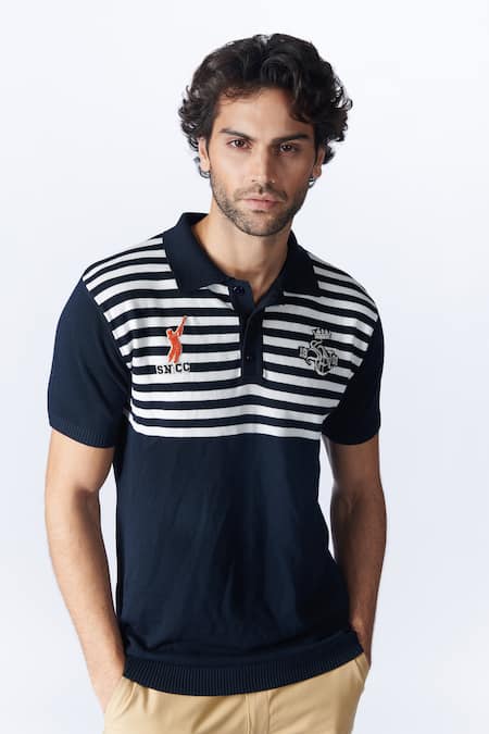 Shop_S&N By Shantnu Nikhil_Blue Nylon Embroidery Stripe Pattern Knit T Shirt_Online_at_Aza_Fashions