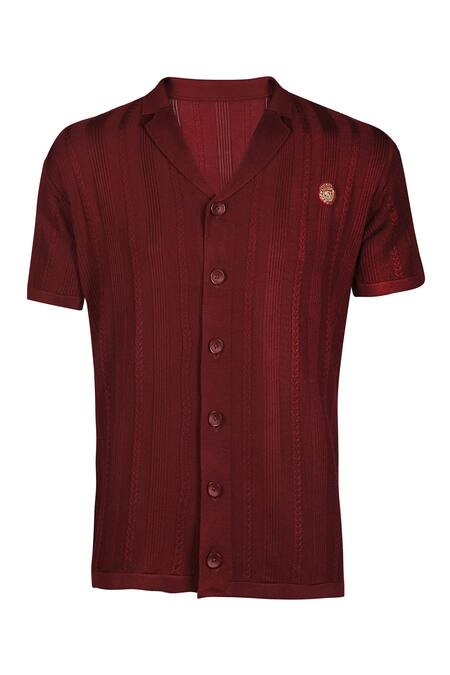 S&N By Shantnu Nikhil_Maroon Nylon Embroidery Placement Shirt_Online_at_Aza_Fashions