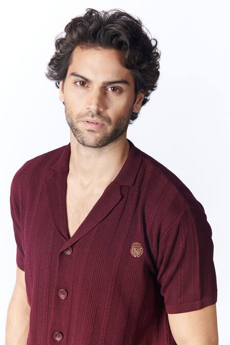 Shop S&N By Shantnu Nikhil Maroon Nylon Embroidery Placement Shirt Online at Aza Fashions Shop_S&N By Shantnu Nikhil_Maroon Nylon Embroidery Placement Shirt_Online_at_Aza_Fashions