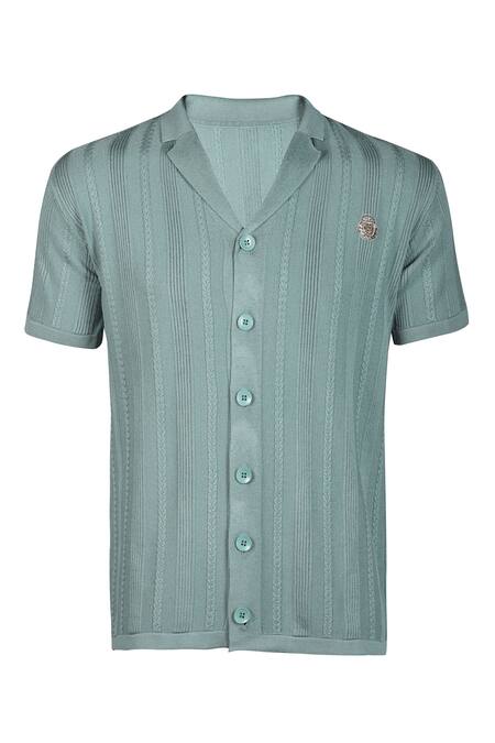 S&N By Shantnu Nikhil_Green Nylon Embroidery Notched Lapel Collar Shirt_Online_at_Aza_Fashions