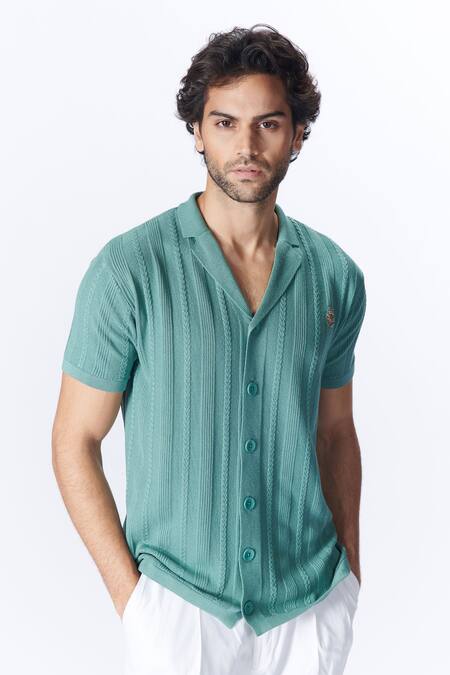 Buy_S&N By Shantnu Nikhil_Green Nylon Embroidery Notched Lapel Collar Shirt_Online_at_Aza_Fashions