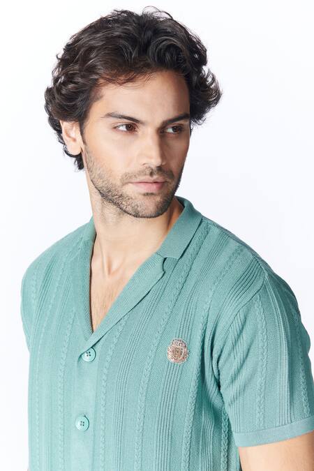 Shop_S&N By Shantnu Nikhil_Green Nylon Embroidery Notched Lapel Collar Shirt_Online_at_Aza_Fashions