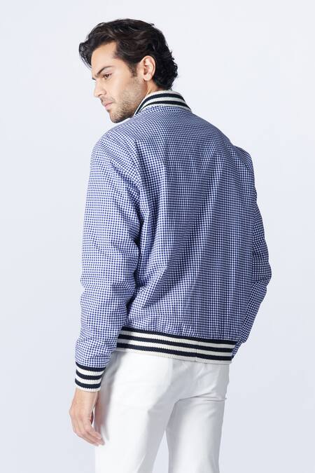 Shop S&N By Shantnu Nikhil Blue Cotton Embroidery Gingham Print Varsity Jacket at Aza Fashions Shop_S&N By Shantnu Nikhil_Blue Cotton Embroidery Gingham Print Varsity Jacket_at_Aza_Fashions