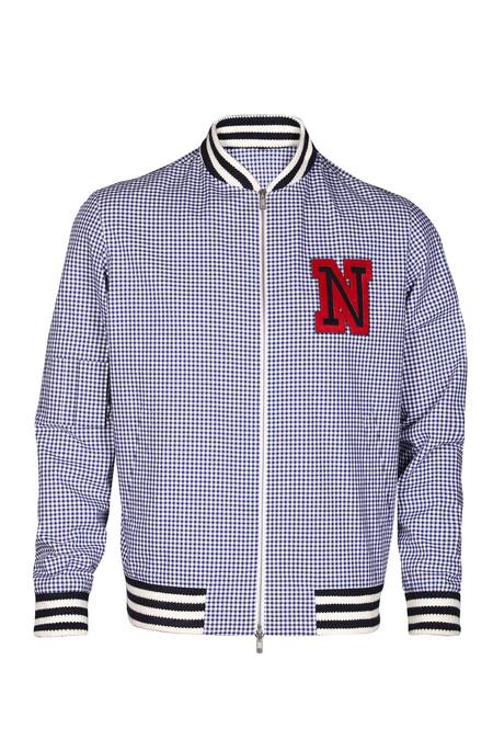 S&N By Shantnu Nikhil_Blue Cotton Embroidery Gingham Print Varsity Jacket_Online_at_Aza_Fashions
