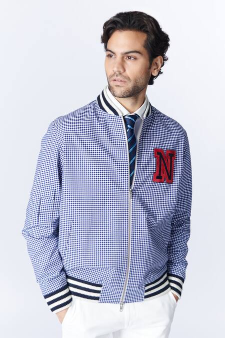Buy S&N By Shantnu Nikhil Blue Cotton Embroidery Gingham Print Varsity Jacket Online at Aza Fashions Buy_S&N By Shantnu Nikhil_Blue Cotton Embroidery Gingham Print Varsity Jacket_Online_at_Aza_Fashions