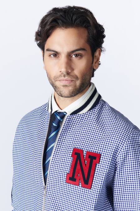 Shop S&N By Shantnu Nikhil Blue Cotton Embroidery Gingham Print Varsity Jacket Online at Aza Fashions Shop_S&N By Shantnu Nikhil_Blue Cotton Embroidery Gingham Print Varsity Jacket_Online_at_Aza_Fashions