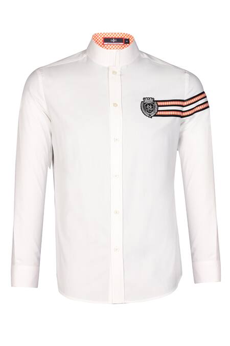 S&N By Shantnu Nikhil_Off White Suede Embroidery Crest Placement Shirt_Online_at_Aza_Fashions