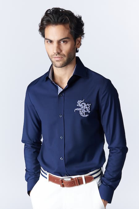 Buy S&N By Shantnu Nikhil Blue Lycra, Viscose, Terrycloth Embroidery Sncc Logo Shirt Online at Aza Fashions Buy_S&N By Shantnu Nikhil_Blue Lycra, Viscose, Terrycloth Embroidery Sncc Logo Shirt_Online_at_Aza_Fashions