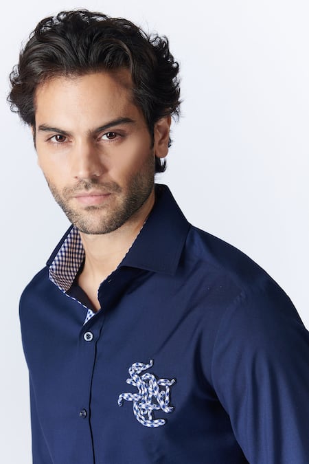 Shop S&N By Shantnu Nikhil Blue Lycra, Viscose, Terrycloth Embroidery Sncc Logo Shirt Online at Aza Fashions Shop_S&N By Shantnu Nikhil_Blue Lycra, Viscose, Terrycloth Embroidery Sncc Logo Shirt_Online_at_Aza_Fashions