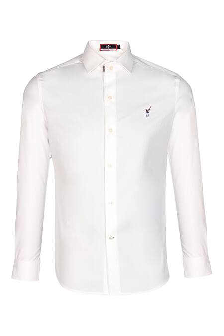 S&N By Shantnu Nikhil_Off White Satin Batsman Logo Placement Embroidered Shirt_Online_at_Aza_Fashions