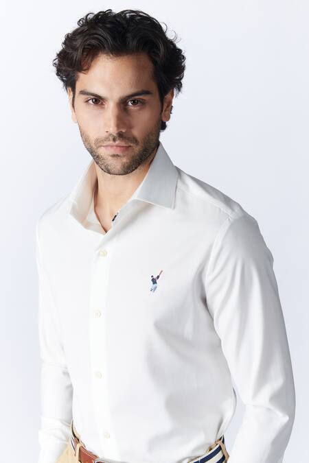 Shop S&N By Shantnu Nikhil Off White Satin Batsman Logo Placement Embroidered Shirt Online at Aza Fashions Shop_S&N By Shantnu Nikhil_Off White Satin Batsman Logo Placement Embroidered Shirt_Online_at_Aza_Fashions