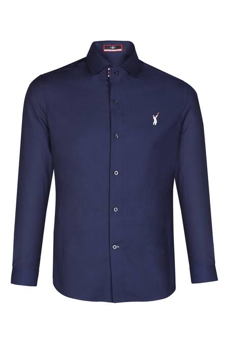 S&N By Shantnu Nikhil_Blue Viscose, Lycra Embroidery Batsman Logo Pattern Shirt_Online_at_Aza_Fashions