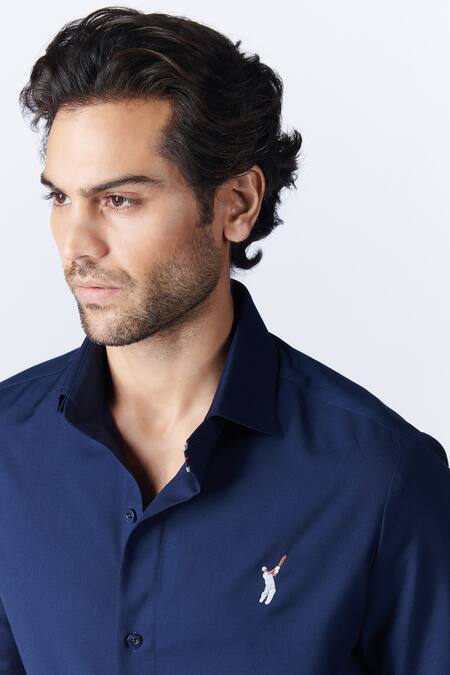Shop_S&N By Shantnu Nikhil_Blue Viscose, Lycra Embroidery Batsman Logo Pattern Shirt_Online_at_Aza_Fashions