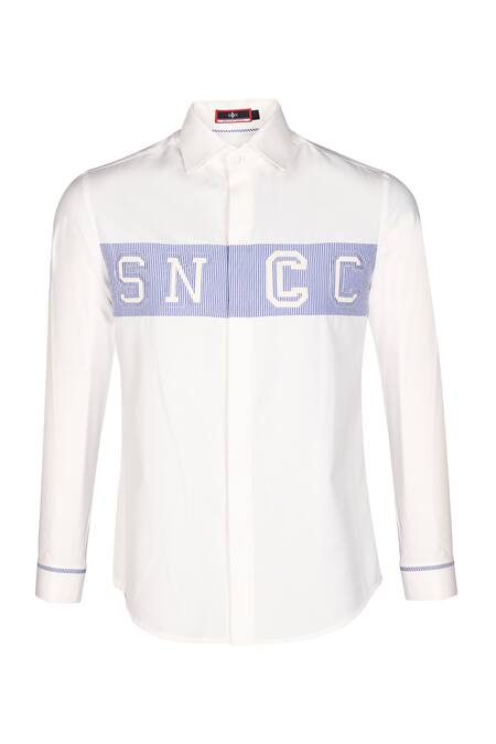 S&N By Shantnu Nikhil_Off White Satin Embroidery Pin Stripe Pattern Tailored Shirt_Online_at_Aza_Fashions