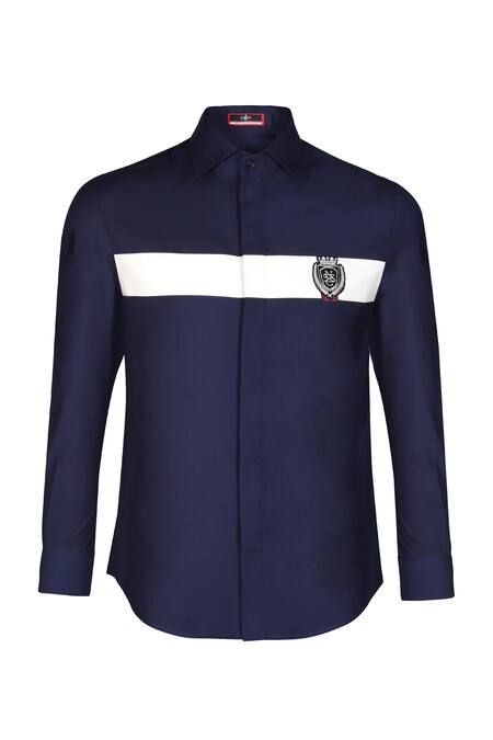 S&N By Shantnu Nikhil_Blue Viscose, Lycra Embroidery Colorblock Shirt_Online_at_Aza_Fashions