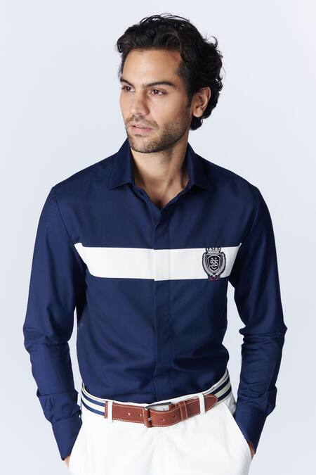 Buy S&N By Shantnu Nikhil Blue Viscose, Lycra Embroidery Colorblock Shirt Online at Aza Fashions Buy_S&N By Shantnu Nikhil_Blue Viscose, Lycra Embroidery Colorblock Shirt_Online_at_Aza_Fashions