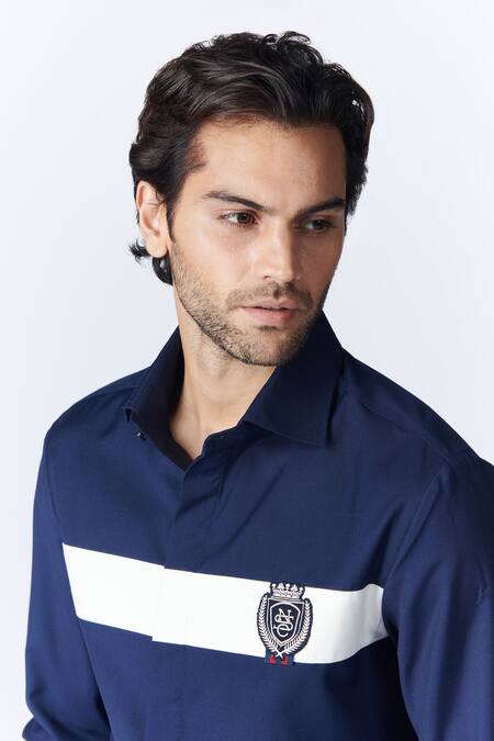 Shop S&N By Shantnu Nikhil Blue Viscose, Lycra Embroidery Colorblock Shirt Online at Aza Fashions Shop_S&N By Shantnu Nikhil_Blue Viscose, Lycra Embroidery Colorblock Shirt_Online_at_Aza_Fashions