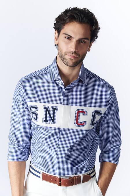 Buy_S&N By Shantnu Nikhil_Blue Cotton Embroidery Sncc Logo Pattern Shirt_Online_at_Aza_Fashions