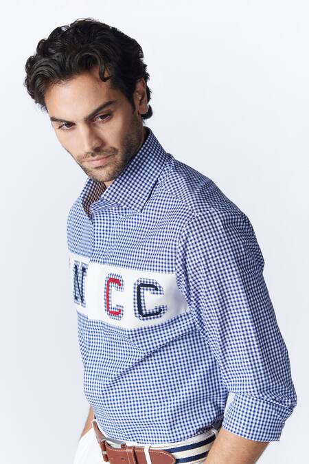 Shop_S&N By Shantnu Nikhil_Blue Cotton Embroidery Sncc Logo Pattern Shirt_Online_at_Aza_Fashions