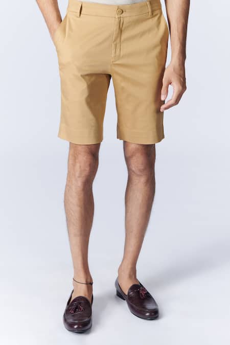 Buy_S&N By Shantnu Nikhil_Beige Cotton Embroidery Tailored Shorts_Online_at_Aza_Fashions