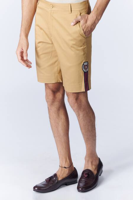Shop_S&N By Shantnu Nikhil_Beige Cotton Embroidery Tailored Shorts_Online_at_Aza_Fashions