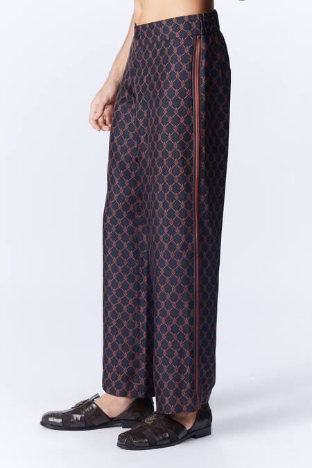 Shop_S&N By Shantnu Nikhil_Black Twill, Silk Embroidery Adamas Print Trouser_Online_at_Aza_Fashions