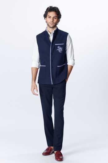 Buy S&N By Shantnu Nikhil Blue Wool, Viscose, Polyester Embroidery Sncc Logo Placement Waistcoat at Aza Fashions Buy_S&N By Shantnu Nikhil_Blue Wool, Viscose, Polyester Embroidery Sncc Logo Placement Waistcoat_at_Aza_Fashions