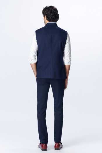 Shop S&N By Shantnu Nikhil Blue Wool, Viscose, Polyester Embroidery Sncc Logo Placement Waistcoat at Aza Fashions Shop_S&N By Shantnu Nikhil_Blue Wool, Viscose, Polyester Embroidery Sncc Logo Placement Waistcoat_at_Aza_Fashions