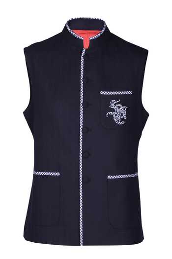 S&N By Shantnu Nikhil_Blue Wool, Viscose, Polyester Embroidery Sncc Logo Placement Waistcoat_Online_at_Aza_Fashions