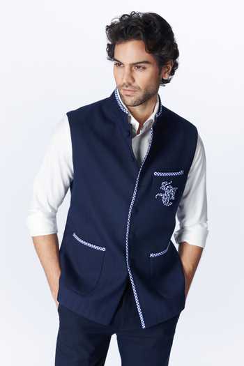 Buy S&N By Shantnu Nikhil Blue Wool, Viscose, Polyester Embroidery Sncc Logo Placement Waistcoat Online at Aza Fashions Buy_S&N By Shantnu Nikhil_Blue Wool, Viscose, Polyester Embroidery Sncc Logo Placement Waistcoat_Online_at_Aza_Fashions