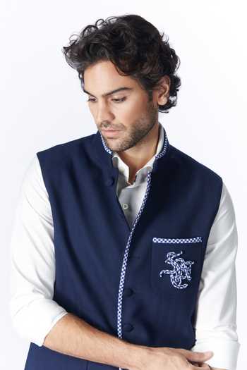 Shop S&N By Shantnu Nikhil Blue Wool, Viscose, Polyester Embroidery Sncc Logo Placement Waistcoat Online at Aza Fashions Shop_S&N By Shantnu Nikhil_Blue Wool, Viscose, Polyester Embroidery Sncc Logo Placement Waistcoat_Online_at_Aza_Fashions