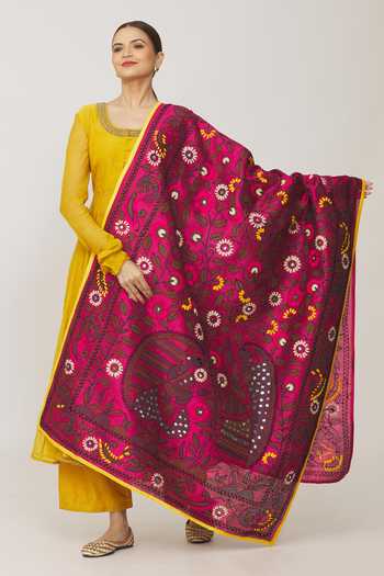 Pink - Hand Embroidered Chanderi Silk Chapa Work Phulkari Saree 03