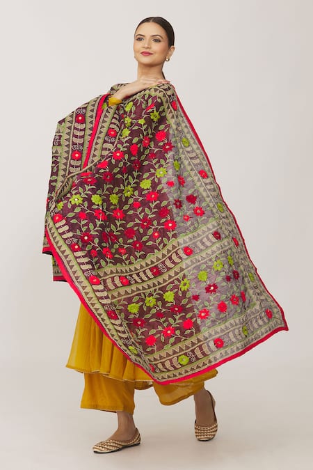 Naintara Bajaj Maroon Chanderi Sequins And Phulkari Work Dupatta Online at Aza Fashions Naintara Bajaj_Maroon Chanderi Sequins And Phulkari Work Dupatta_Online_at_Aza_Fashions