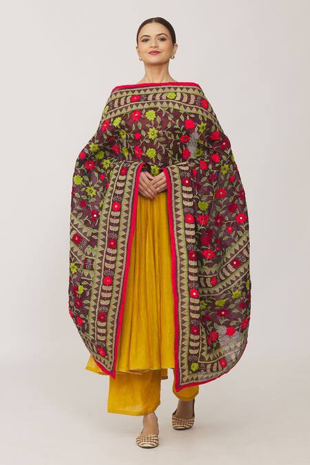 Shop Naintara Bajaj Maroon Chanderi Sequins And Phulkari Work Dupatta Online at Aza Fashions Shop_Naintara Bajaj_Maroon Chanderi Sequins And Phulkari Work Dupatta_Online_at_Aza_Fashions